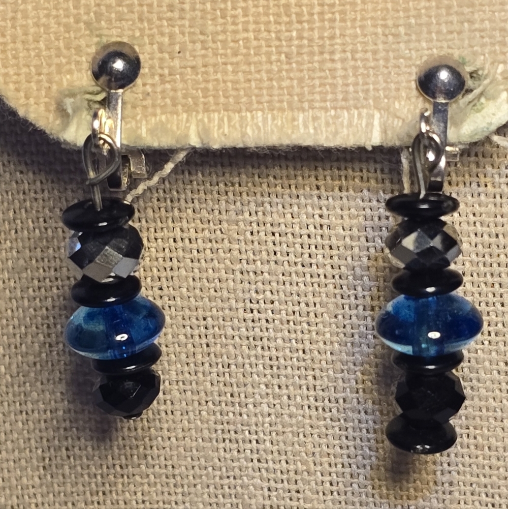 Chic Silver and Blue Beaded Clip-on Earrings